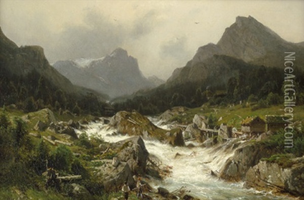 Norwegische Gebirgslandschaft Mit Wasserfall, Im Vordergrund Zwei Angler Oil Painting - Johannes Bartholomaeus Duntze