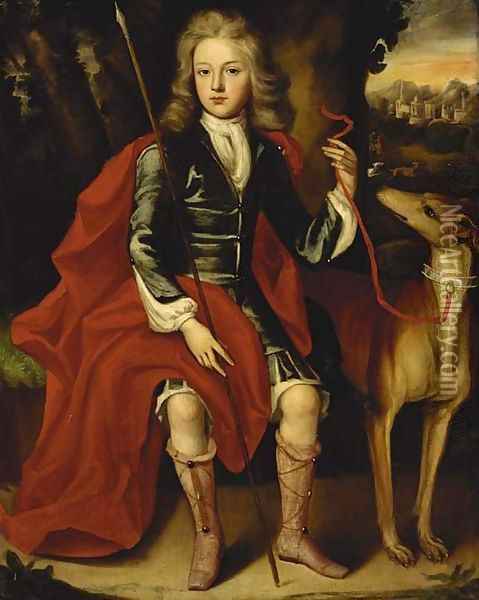 Portrait of a young huntsman, seated full-length, in a blue coat with a crimson wrap, holding a spear, a hound at his side Oil Painting - Jacob Huysmans