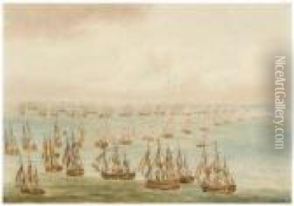 An English Fleet Of About 25 Ships Oil Painting - Nicholas Pocock