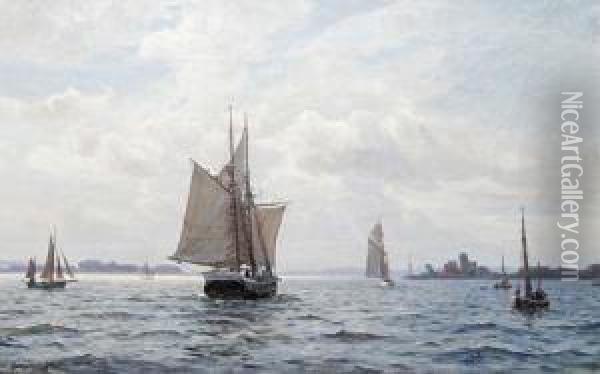 Shipping At Ringkobing, Denmark Oil Painting - Christian Benjamin Olsen