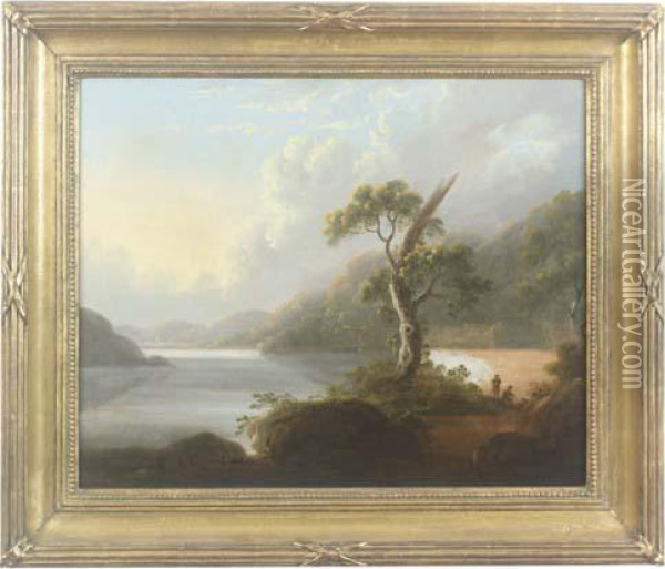 Figures In An Extensive Lakeland Landscape Oil Painting - Julius Caesar Ibbetson