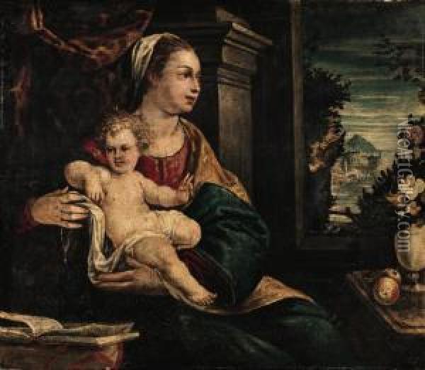 The Madonna And Child Seated 
Before An Open Window With Anextensive River Landscape Beyond Oil Painting - Lodovico Pozzoserrato (see Toeput, Lodewijk)