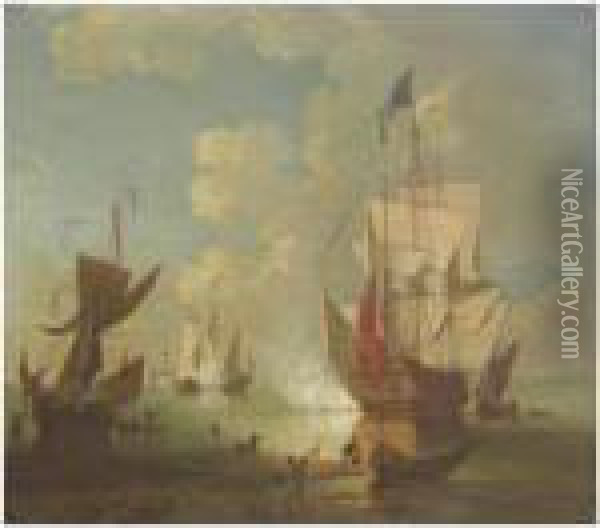 The Evening Gun, A British Man Of War And Other Shipping In Acalm Oil Painting - Peter Monamy