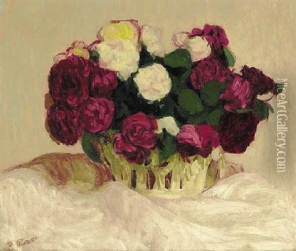 A Basket Of Roses On A White Cloth Oil Painting - Roderic O'Conor
