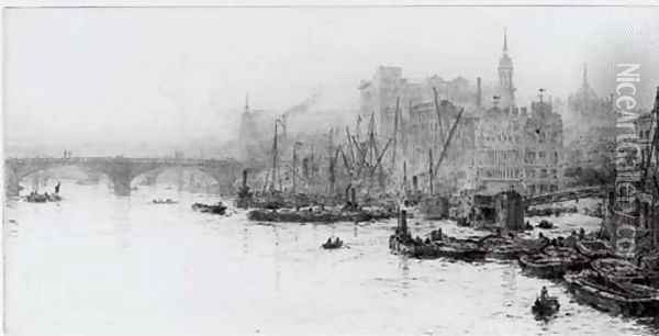 Tugs and barges in the Pool of London before London Bridge Oil Painting - William Lionel Wyllie
