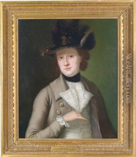 Portrat Einer Eleganten Dame Im Reisekleid Mit Einem Pelzverbramten Hut Oil Painting - Philip Mercier
