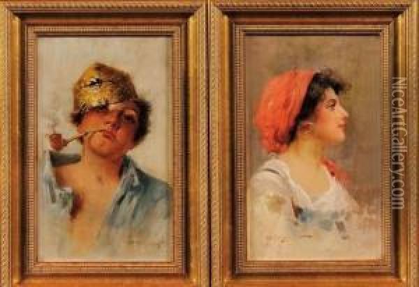 Paire De Portraits D'une Gitane Et D'un Fumeur De Pipe Oil Painting - Mariano Fortuny Y Madrazo