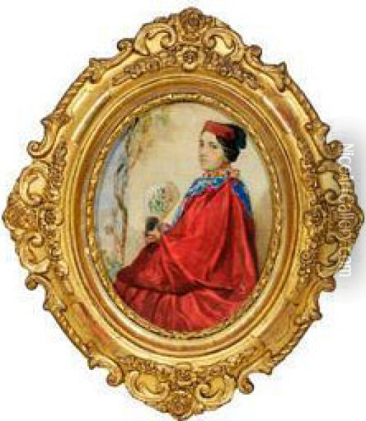 Portrait Einer Jungendame Mit Facher In Rotem Kostum Oil Painting - August Friedrich Schlegel
