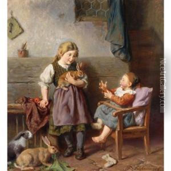 Children Playing With Rabbits Oil Painting - Felix Schlesinger