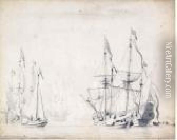 A Frigate At Sea Oil Painting - Willem van de, the Elder Velde