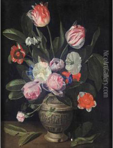 Still Life Of Tulips And Roses In A Stoneware Vase Oil Painting - Jan Philip van Thielen