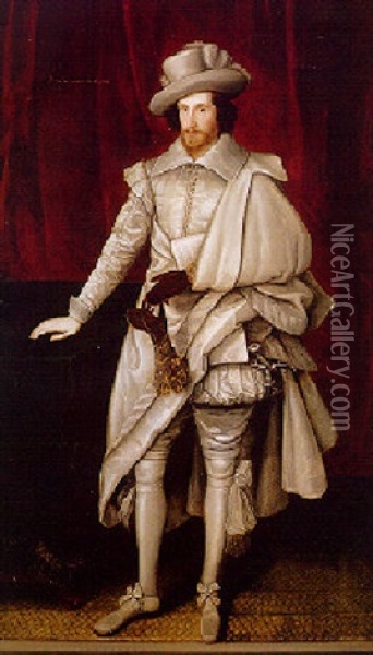Portrait Of A Gentleman In A White Satin Doublet And Pantaloons Oil Painting - Marcus Gerards the Elder