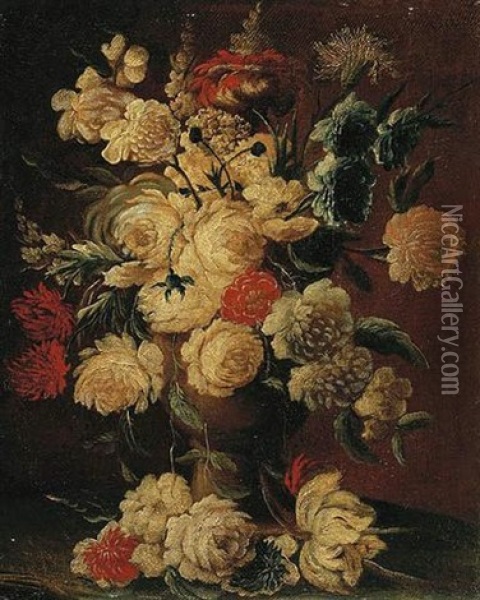 Roses, Peonies And Other Flowers In A Vase On A Ledge Oil Painting - Johann Limpert Flur