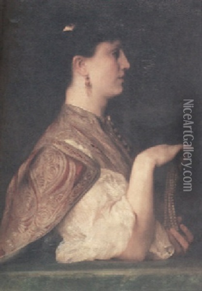 A Portrait Of A Lady Holding A String Of Pearls Oil Painting - Emile Levy