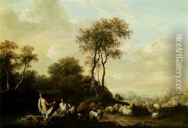 A Pastoral Landscape With Shepherdesses Bathing Oil Painting - Dionys van Dongen