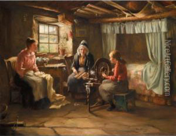 Domestic Scene, Highland Interior Oil Painting - Theophile Thomas