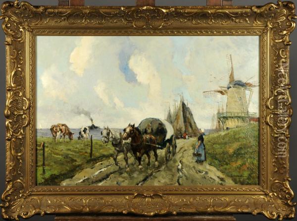 Chemin Anime Et Moulin A Vent Oil Painting - Gustave Flasschoen