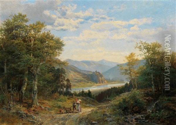 View Of The Elbe Valley With The Bohemian Central Uplands And Strekov Castle In The Background Around 1860 Oil Painting - Bernhard Muehlig