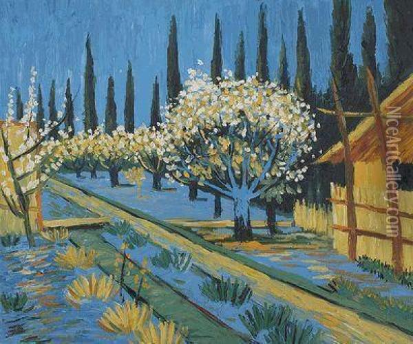 Orchard In Blossom, Bordered By Cypresses Oil Painting - Vincent Van Gogh