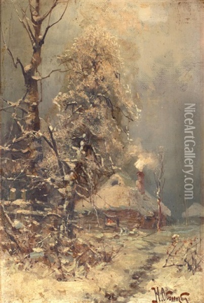 Winter Landscape With Cottage Oil Painting - Nikolai Obolensky