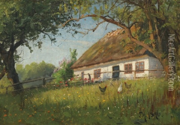 Farmyard Exterior With Chicken Oil Painting - Peder Mork Monsted