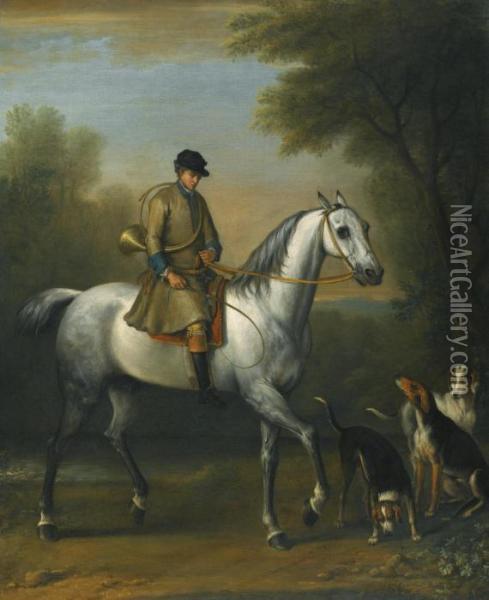 A Huntsman On A Grey Hunter With Hounds In A Landscape Oil Painting - John Wootton