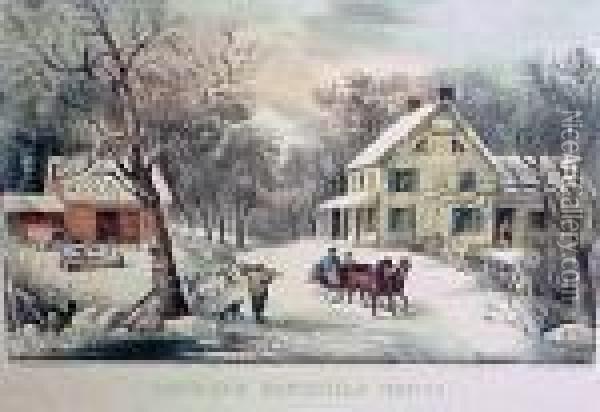 American Homestead (conningham 168; 170-172) Oil Painting - Currier & Ives Publishers
