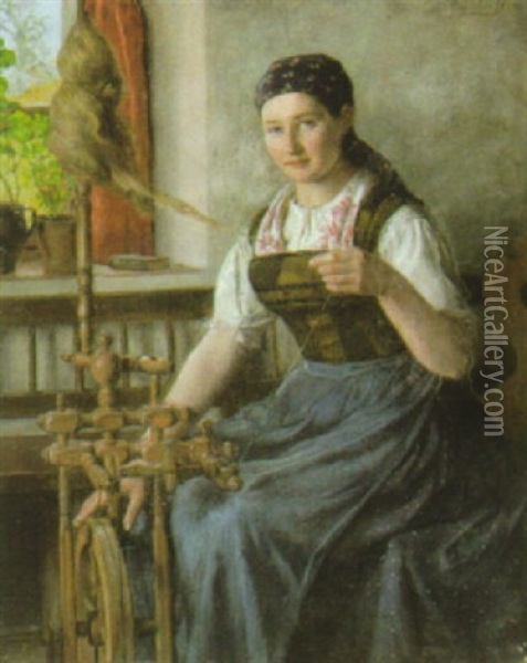 Madchen Am Spinnrad Oil Painting - Oskar Ritter von Pistor