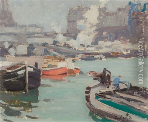 Along The Seine Oil Painting - George Oberteuffer