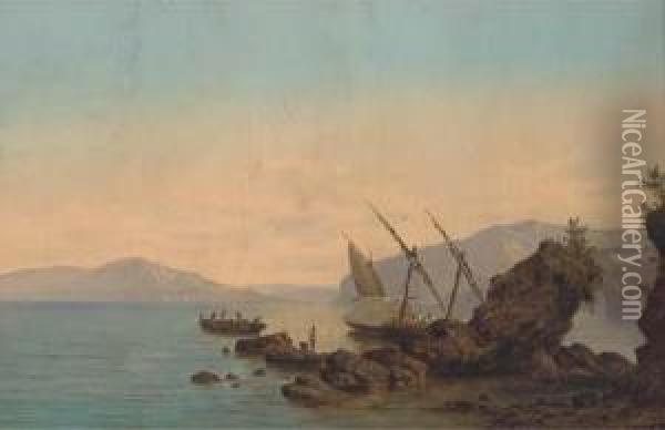 A Xebec Moored In The Bay Of Naples, Her Crew Fishing From Alongboat Oil Painting - Giovanni Serritelli