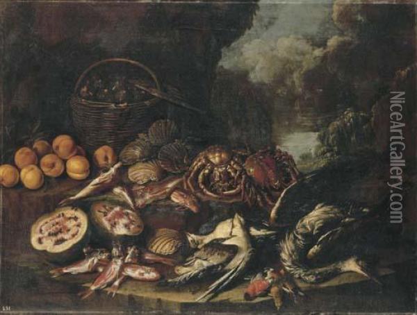 Figs In A Basket, Peaches, A 
Watermelon, Scallops, Crabs, Dead Fishand Birds On A Ledge In A 
Landscape Oil Painting - Giacomo Recco