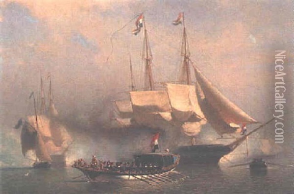 A Royal Barge Passing A Two-master Firing A Salute Oil Painting - Johan Conrad Greive