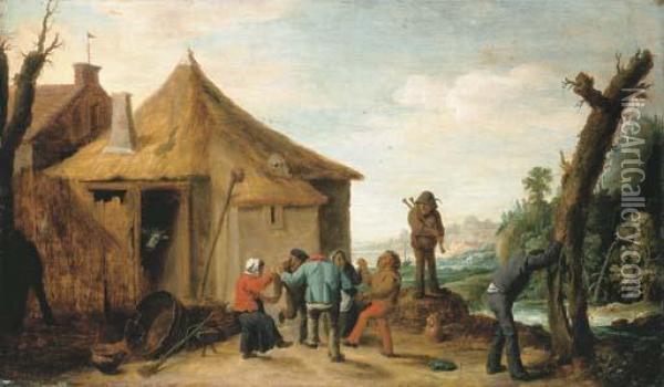 Peasants Merrymaking By A Cottage, A River Beyond Oil Painting - David The Younger Teniers
