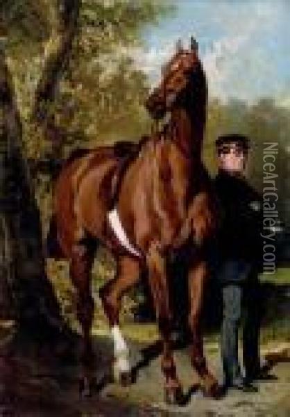 A Soldier With A Horse In A Landscape Oil Painting - Alfred De Dreux