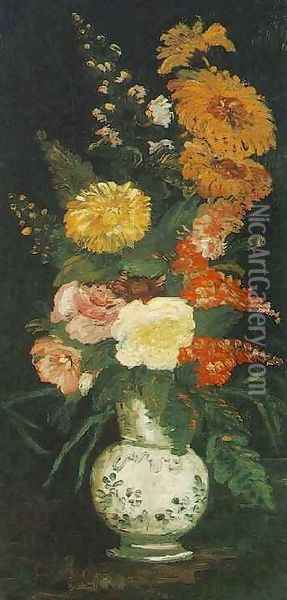 Vase With Asters Salvia And Other Flowers Oil Painting - Vincent Van Gogh