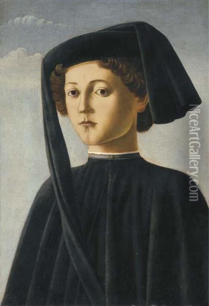 Portrait Of A Young Gentleman, Bust-length, In A Black Coat Andblack Cap Oil Painting - Francesco Botticini