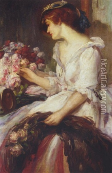 Arranging Pink Roses Oil Painting - Jean Jaques Moreau