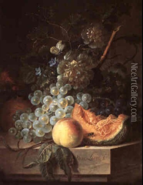 Floral Still Life With A Melon, A Peach, A Pomegranate, And Grapes On A Ledge, A Butterfly Above Oil Painting - Willem van Leen