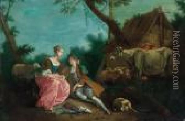 A Dessus-de-porte: A Shepherd Courting A Shepherdess By A Farmhousein A Wooded Landscape Oil Painting - Jean-Baptiste Joseph Pater