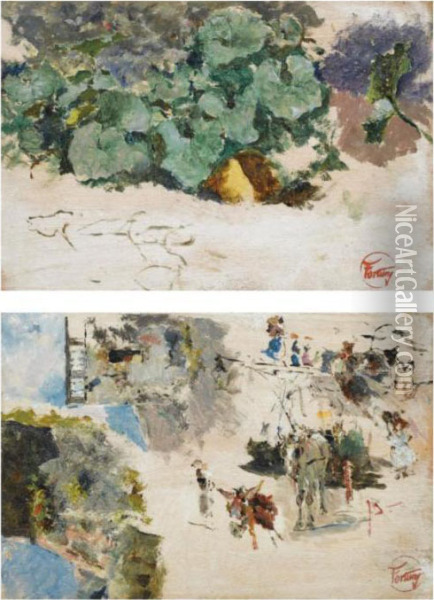 Dos Estudios: Hojas; Caballos Con Figuras (two Studies: Foliage; Horses And Figures) Oil Painting - Mariano Jose Maria Bernardo Fortuny y Carbo