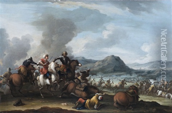 A Cavalry Battle Between Christians And Turks, An Extensive Landscape Beyond Oil Painting - Dirk Stoop