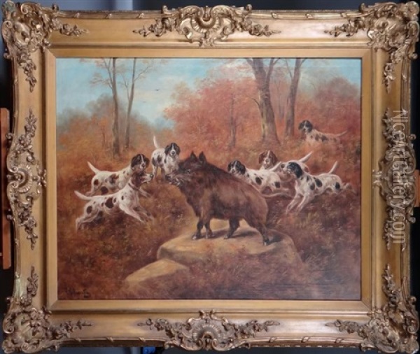 Wild Boar And Hunting Dogs Oil Painting - Paul Schouten