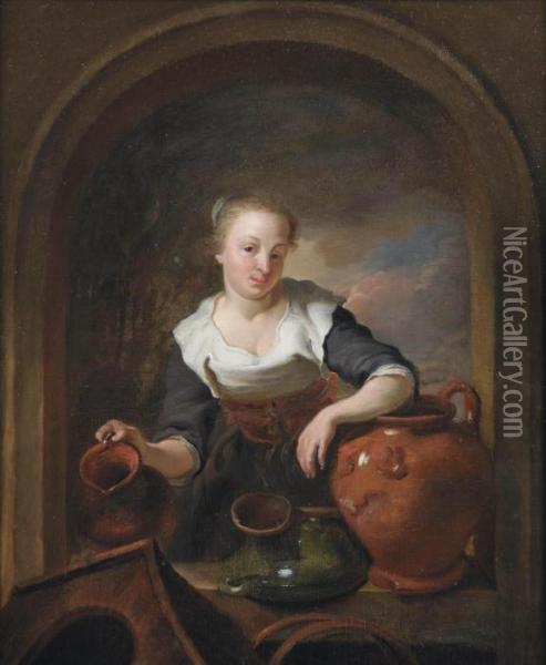 A Kitchen Maid In A Niche With A Jug And Other Earthenware Oil Painting - Louis de Moni