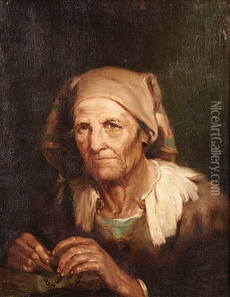 An Old Lady, Bust-length, In A Brown Dress With A Brown Headscarf, Holding A Rosary Oil Painting - Giuseppe Nogari