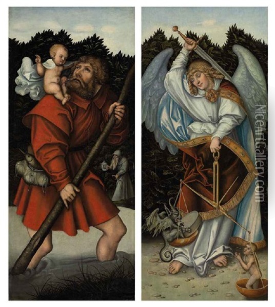 Saint Christopher Carrying The Christ Child (+ The Archangel Michael Holding The Scales Of Justice; 2 Works) Oil Painting - Lucas Cranach the Younger
