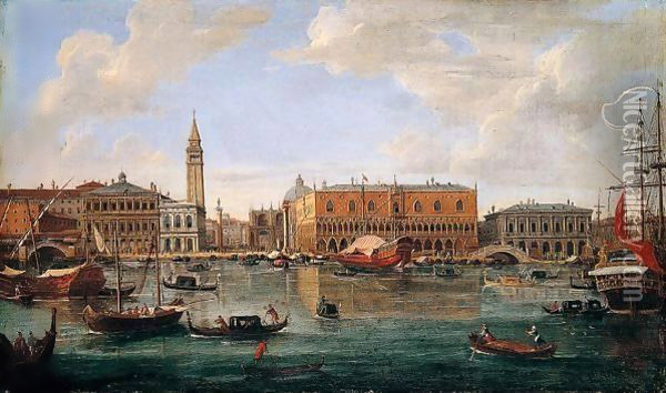Venice, A View Of The Molo From The Bacino Di San Marco Looking North Towards The Piazzetta And The Palazzo Ducale Oil Painting - Caspar Andriaans Van Wittel