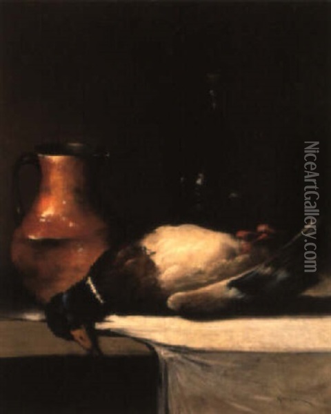 Un Canard Mort, Une Cruche Et Une Bouteille Poses Sur Un Rebord Oil Painting - Germain Theodore Ribot