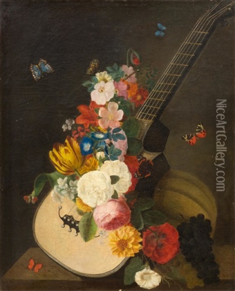 Flower Still-life With Lute And Butterfly Oil Painting - Augustin Alexandre Thierriat De Lyon