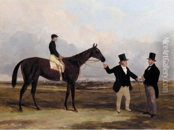 Mr. Martinson's Nancy With Job Marson, Jr. Up And The Trainer Job Marson, Sr. Oil Painting - Harry Hall