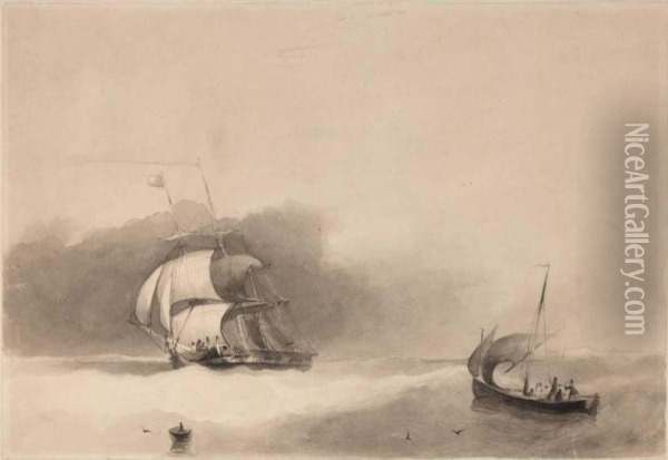 A Ship And A Small Sailing Boat On A Rough Sea Oil Painting - Charles Fred. Barth. De Florimont